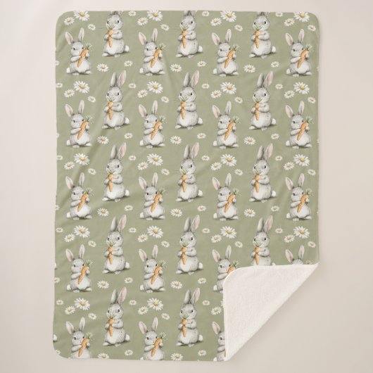Bunnies with Carrots Green Daisy Flowers Birthday Sherpa Deken (Voorkant)