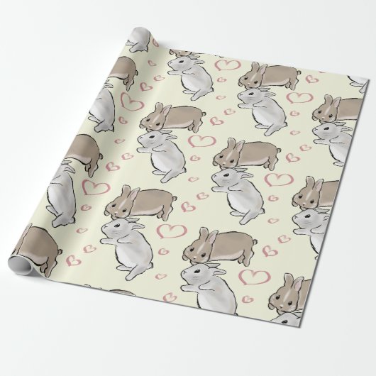 Bunnies with hearts yellow  cadeaupapier (Uitgerold)
