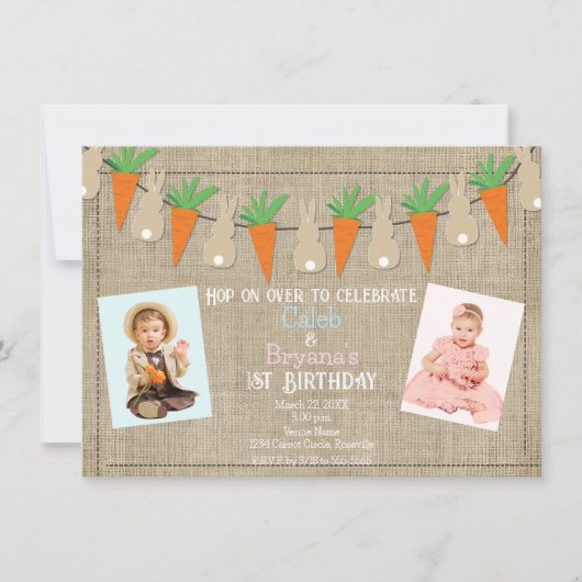 Bunnies & Wortelen Pasen Verjaardagsfeestfoto Kaart (Voorkant)