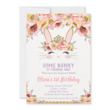 Bunny 1e Verjaardag Uitnodigingen Meisjes Bloemen 