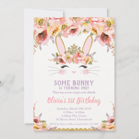 Bunny 1e Verjaardag Uitnodigingen Meisjes Bloemen  (Voorkant)