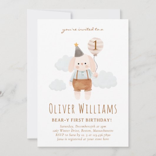 bunny 1st birthday blue balloon kaart (Voorkant)