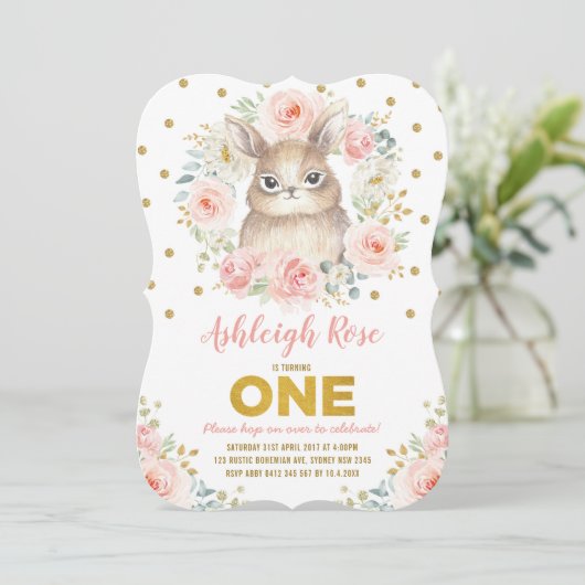  Bunny 1st Birthday Blush Pink Gold Floral Kaart (Staand voorkant)