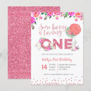 Bunny 1st Birthday Floral Invitation Pink glitter Kaart