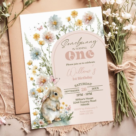 Bunny 1st Birthday Invitation Wildflowers Kaart