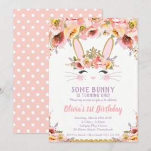 Bunny 1st Birthday Invitations Girls Floral Rabbit Kaart