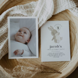 Bunny 1st Birthday Photo Invitation White ballon Kaart