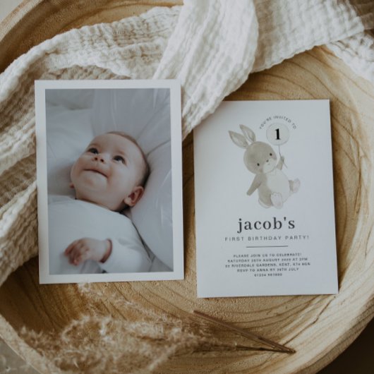 Bunny 1st Birthday Photo Invitation White ballon Kaart