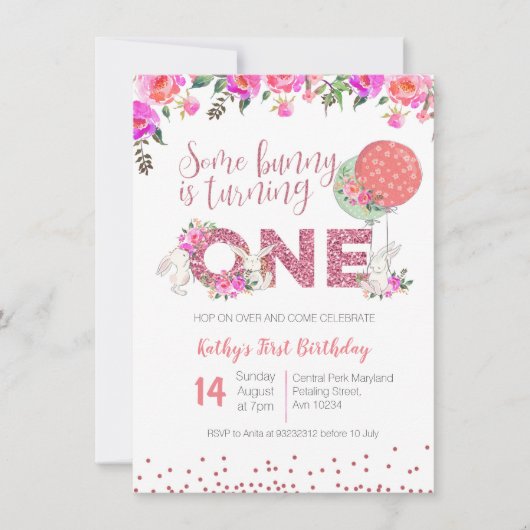 Bunny 1st Verjaardag Bloemen Uitnodiging Roze glit (Voorkant)