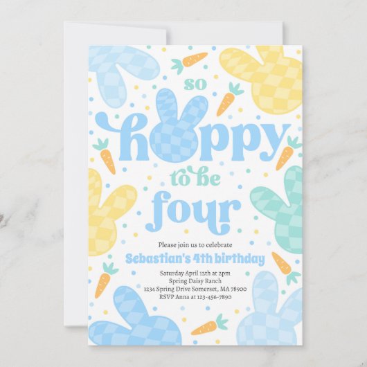 Bunny 4th Verjaardag Party Spring Boy Bunny Verjaa Kaart (Voorkant)