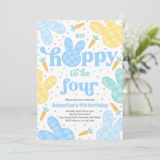 Bunny 4th Verjaardag Party Spring Boy Bunny Verjaa Kaart (Staand voorkant)