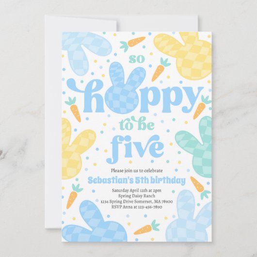 Bunny 5th Birthday Party Spring Boy Bunny Verjaard Kaart (Voorkant)