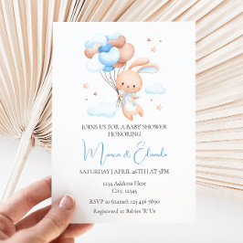 Bunny and Balloons Boy Baby shower Invitation Kaart