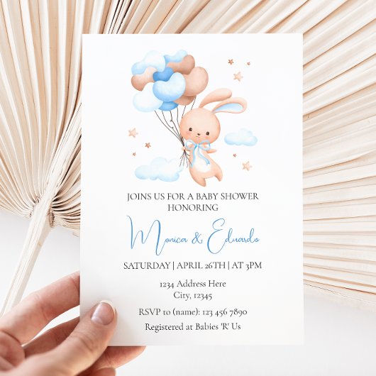 Bunny and Balloons Boy Baby shower Invitation Kaart