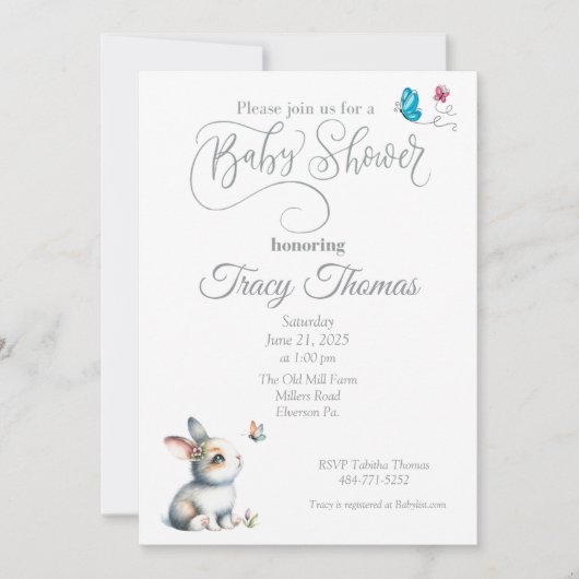Bunny and Butterflies Baby shower Invitation Kaart (Voorkant)