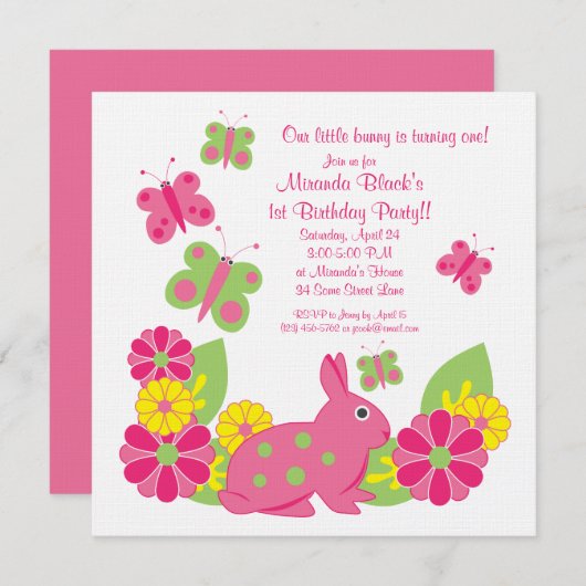Bunny and Butterflies Girl's Birthday Invitation Kaart (Voorkant / Achterkant)