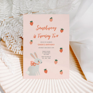 Bunny and Strawberry Birthday Invitation Kaart