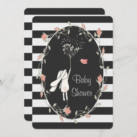 Bunny Baby shower Black White Stripe Floral Wreate Kaart (Voorkant / Achterkant)
