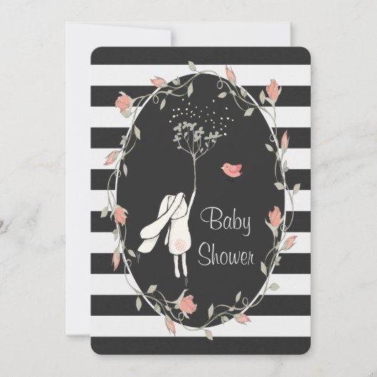Bunny Baby shower Black White Stripe Floral Wreate Kaart (Voorkant)