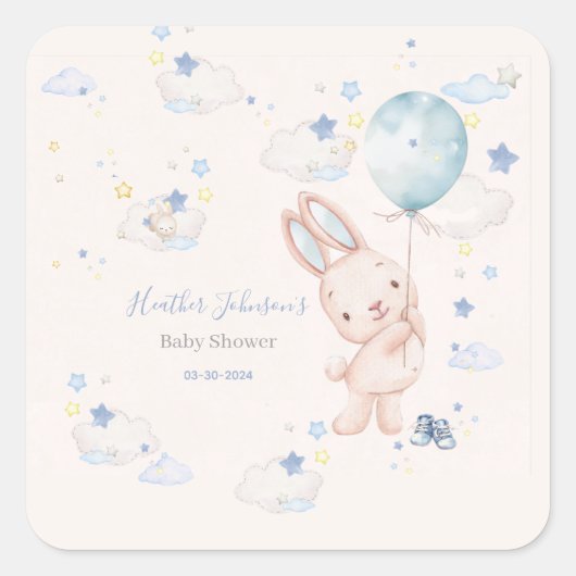 Bunny Baby shower Boy Vierkante Sticker (Voorkant)