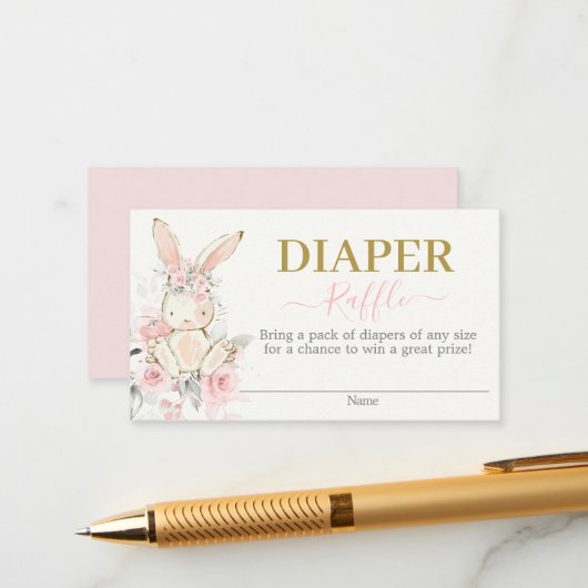 Bunny Baby shower Girl Diaper Raffle Card Informatiekaartje (Voorkant / Achterkant in situ)