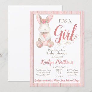 Bunny Baby shower Invitation for Girl Baby Kaart