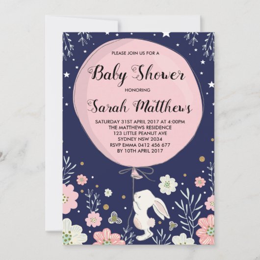 Bunny Baby shower Invitation Rabbit Navy Pink Star Kaart (Voorkant)