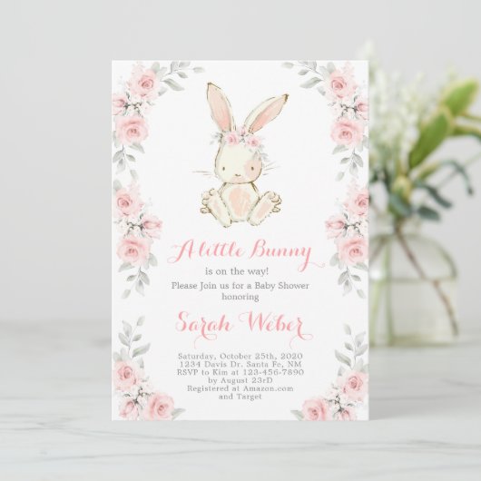Bunny baby shower meisje kaart (Staand voorkant)