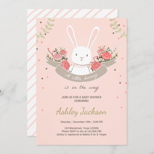 Bunny Baby shower nodigt Konbit Spring Floral uit Kaart (Voorkant / Achterkant)