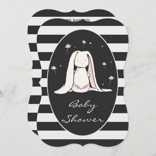 Bunny Baby shower roze bloemen zwarte witte strepe Kaart (Voorkant / Achterkant)