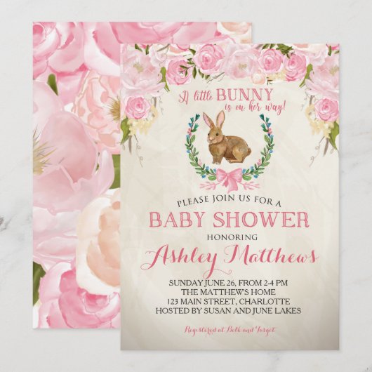 Bunny BABY SHOWER roze Mooie Bloemenuitnodiging Kaart (Voorkant / Achterkant)