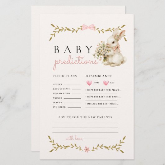 Bunny Baby shower spel voorspellingen en advies Briefpapier (Voorkant / Achterkant)