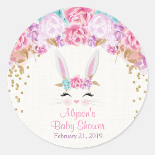 Bunny baby shower stickers, roze en goud ronde sticker