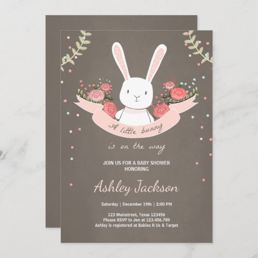 Bunny Baby shower uitnodiging Rabbit Spring Floral (Voorkant / Achterkant)