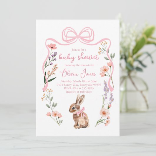 Bunny baby shower uitnodiging roze boog meisje blo (Staand voorkant)
