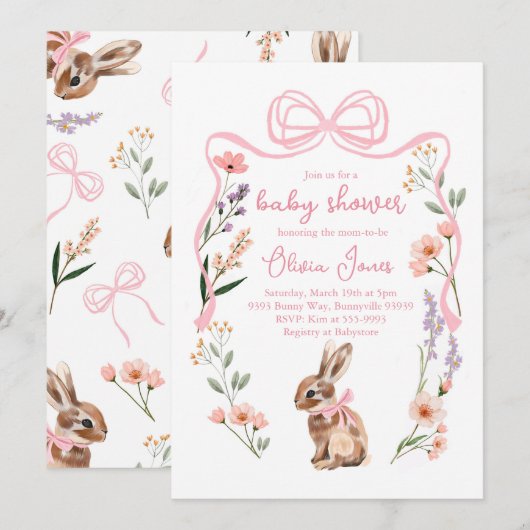 Bunny baby shower uitnodiging roze boog meisje blo (Voorkant / Achterkant)