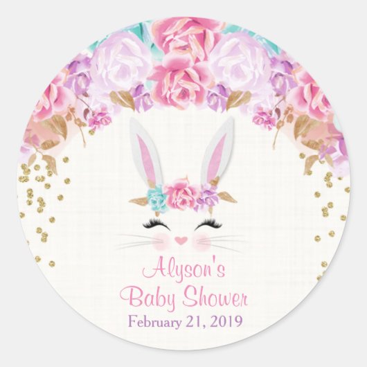Bunny baby showers stickers, roze en goud ronde sticker (Voorkant)