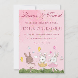 Bunny Ballerina Birthday Party Invitation Kaart