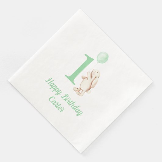 Bunny & Ballon Groen 1e Verjaardag Servet (Hoek)