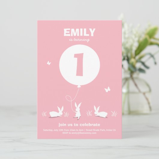 BUNNY BALLOON | Lichtroze kinderen van zaterdag ui Kaart (Staand voorkant)