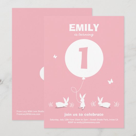 BUNNY BALLOON | Lichtroze kinderen van zaterdag ui Kaart (Voorkant / Achterkant)