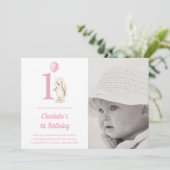 Bunny & Balloon Roze 1e Verjaardag Foto Kaart (Staand voorkant)
