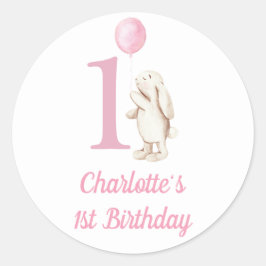 Bunny & Balloon Roze 1e Verjaardag Ronde Sticker