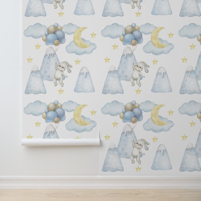 Bunny Balloons Mountains Moon Star Cloud Baby Boy Behang (Applicatie)
