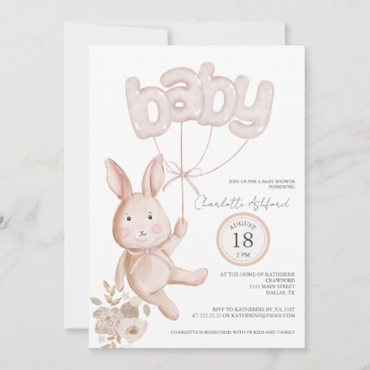 Bunny Balloons Waterverf Boho Neutral Baby shower Kaart (Voorkant)