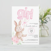 Bunny Balloons Waterverf Floral Girl Baby shower Kaart (Staand voorkant)