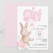 Bunny Balloons Waterverf Floral Girl Baby shower Kaart (Voorkant / Achterkant)