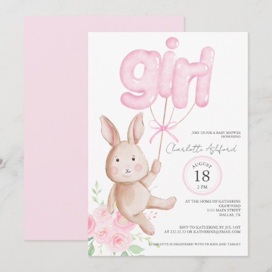 Bunny Balloons Waterverf Floral Girl Baby shower Kaart (Voorkant / Achterkant)