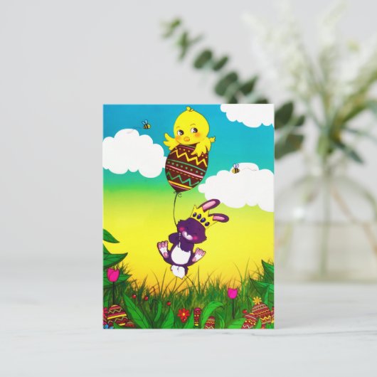 Bunny Bee Chicks Easter Hunt Waterverf Briefkaart (Staand voorkant)
