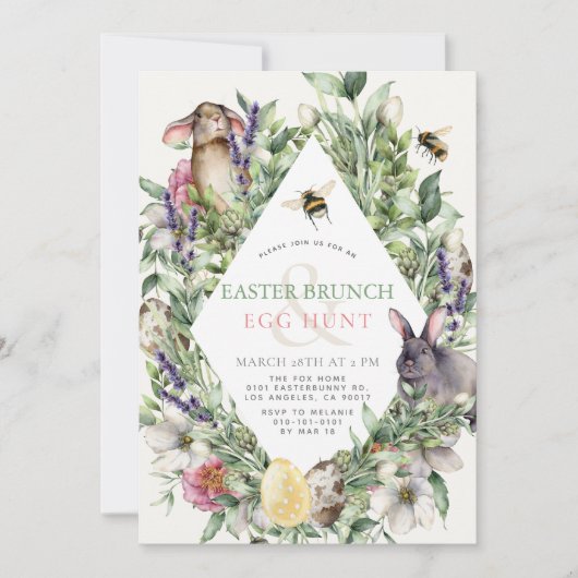 Bunny & Bee Greenery Rhombus Easter Brunch Kaart (Voorkant)